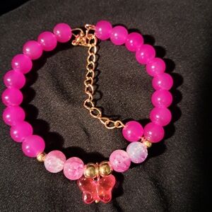 Handmade Bright Pink Glass Beaded Bracelet with Butterfly Charm, Memory Wire